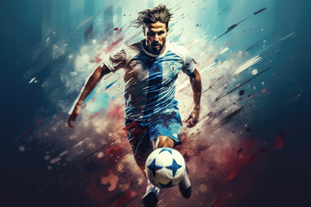 A man demonstrating his soccer skills by kicking a ball on top of a field, Soccer player in action Run with a ball, AI Generatedの素材