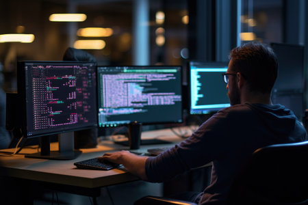 A man sits in front of three computer monitors, working diligently on his tasks, Software developer and a man at computer for coding script, AI Generatedの素材