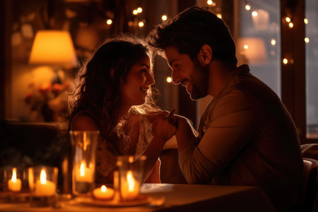 Man and Woman Sitting at Table in Front of Candles for a Romantic Dinner Date, Soft candlelight illuminating a couple sharing a tender moment at a quiet restaurant, AI Generatedの素材