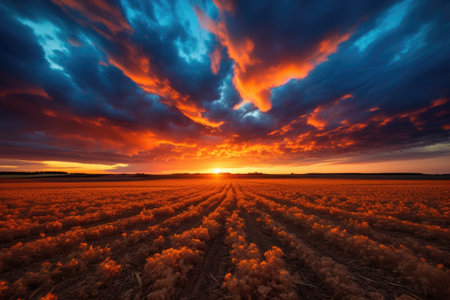 A stunning photograph capturing the sun as it dips below the horizon, casting a warm, golden light over a sprawling field, Spectacular sunset over the field, AI Generatedの素材