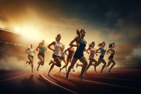 In this photo, a diverse group of motivated and active female athletes are captured running together on a track, sportswomen at the start, AI Generatedの素材