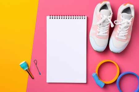 Work Tools, Notepad, Sneakers, Scissors, Sports equipment with shoes, skipping rope, a blank notebook, and a mobile cellphone with earphones on a colorful background, Top view, AI Generatedの素材