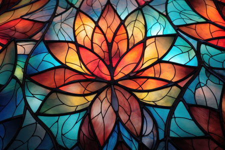 This image offers an up-close look at the intricate patterns and vibrant colors of a stained glass window, Stained glass patterns with light filtration, AI Generatedの素材