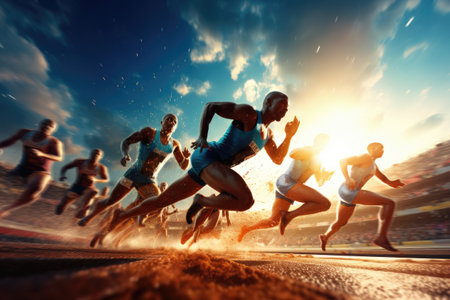 A photo capturing the energy and determination of a group of people running together in a race, Sprinters bursting out of the starting blocks at a track and field event, AI Generatedの素材