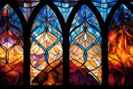 A stunning image capturing the intricate patterns and vibrant colors of a close-up view of a stained glass window, Stained glass patterns with light filtration, AI Generatedの素材