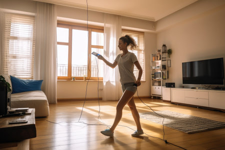 A woman is using a hair dryer in her living room, Sporty young woman with skipping rope using mobile phone at home, AI Generatedの素材