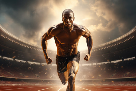 A man running at full speed on a track in a stadium, showcasing his athletic abilities and dedication to physical fitness, Sprinter running on track, AI Generatedの素材
