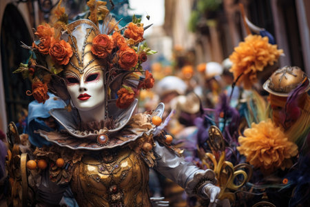A woman wearing a colorful costume with a crown made of flowers on her head, Street masquerade festival, with costumes and floats, AI Generatedの素材