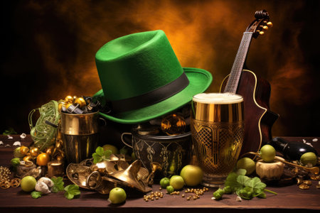 Table With Green Hat and Guitar, A Scene of Musical, St, Patrick's Day composition with green beer, shamrock, leprechaun hat, horseshoe, and musical instruments on a brown background, AI Generatedの素材