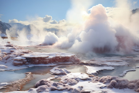 Captivating image of a geyser forcefully releasing steam into the sky, showcasing a mesmerizing sight of natures power, Steaming geysers surrounded by fluffy snow in a icy landscape, AI Generatedの素材