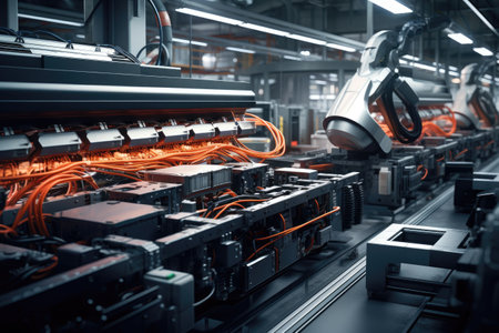 Busy Factory Showing Machines and Wires Producing Goods for Mass Production, Stunning image of electric vehicle battery packs assembly line, AI Generatedの素材