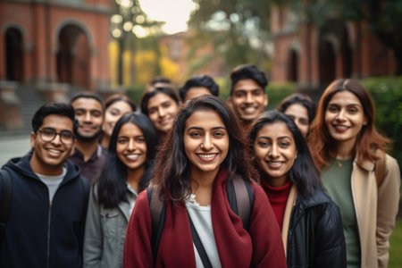 A diverse group of individuals gathered together in front of a building, Successful Indian female student with group of college students, AI Generatedの素材