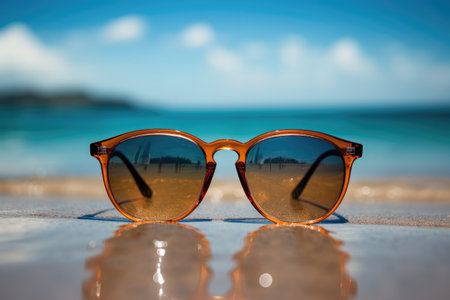 A pair of sunglasses sits peacefully on top of a sandy beach, soaking up the warm sunlight, Sunglasses are on the legs on the beach, AI Generatedの素材