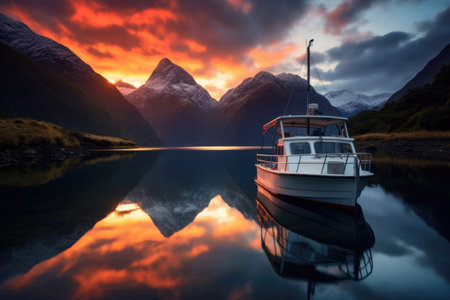 A boat gently floats on top of a serene lake, surrounded by a cloudy sky, Sunrise over New Zealand's breathtaking Fiordland National Park, AI Generatedの素材