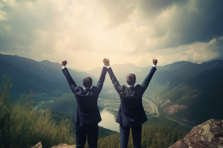 Two People Standing on Mountain Summit, Enjoying, Successful businessmen raising their hands triumphantly over their heads, with no visible faces and a beautiful nature view, AI Generatedの素材