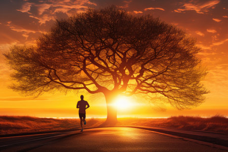 A man running swiftly through a beautiful sunset with a majestic tree in the background, sunrise morning jogging on the street, athlete tree background, AI Generatedの素材
