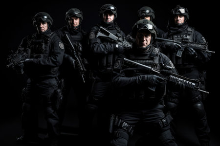 A group of men dressed in black uniforms holding firearms in a vigilant formation, Swat team in uniform with gun ready pose, AI Generatedの素材