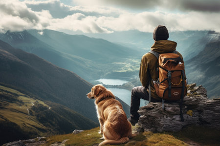 Man Sitting on Mountain With Dog in Majestic View, Teenaganer man with backpack and dog sitting at summit of mountain chase looking at beautiful stunning amazing view, AI Generatedの素材