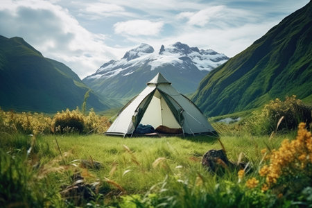 A lone tent pitched in a spacious field, offering breathtaking views of majestic mountains in the backdrop, tent in the middle of nature, beautiful landscape, AI Generatedの素材