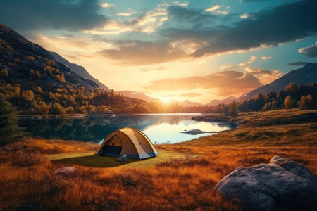 A tent is set up on a grassy field situated beside a serene and picturesque lake, tent in the middle of nature, beautiful landscape, AI Generatedの素材