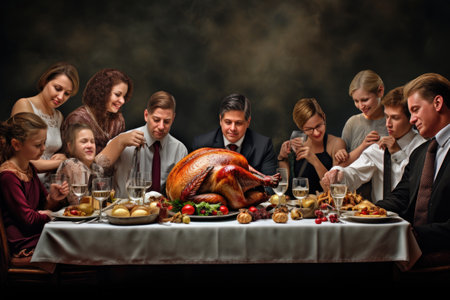 A gathering of individuals gathered around a table, with a turkey as the centerpiece, Thanksgiving roast turkey dinner family sitting around the table, AI Generatedの素材