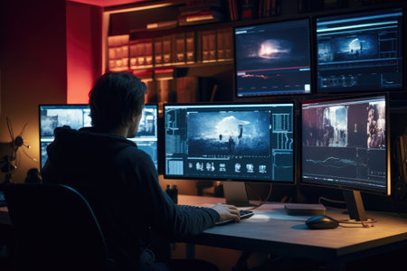 A man sits at a desk with multiple computer monitors in front of him, The editor is editing the video at the computer, AI Generatedの素材