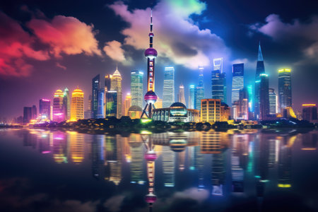Experience the beauty of a city at night with its stunning reflection in the calm waters, The glowing illuminated skyline of Shanghai at night, AI Generatedの素材