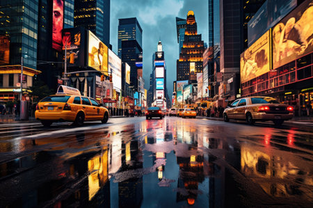 A bustling city street filled with numerous vehicles, surrounded by towering buildings, The hustle and bustle of Times Square in New York City, AI Generatedの素材