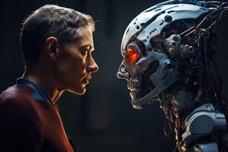 A gripping encounter between a man and a robot, captured in an intense face-to-face moment, Concept of environmental pollution, Pile of garbage and waste in the sea, AI Generatedの素材