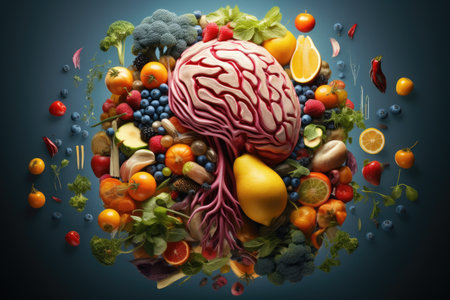 Brain Surrounded by Fruits and Vegetables, The human brain is depicted with colorful fruits and vegetables, representing a brainstorm concept in 3D rendering, AI Generatedの素材