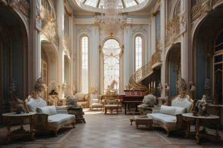 A stunning living room where a grand piano takes center stage, creating an atmosphere of refined elegance and musical inspiration, The interior of a luxurious Rococo-style mansion, AI Generatedの素材