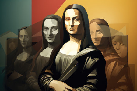 A Painting of a Woman Surrounded by Other Women, Abstract yellow light arrow on black with hexagon mesh design modern luxury futuristic technology background, AI Generatedの素材