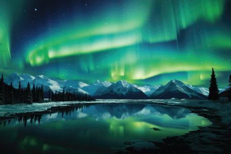 The ethereal beauty of the Aurora Borealis is perfectly mirrored in the calm and serene waters of a picturesque lake, The northern lights viewed from an Alaskan landscape, AI Generatedの素材