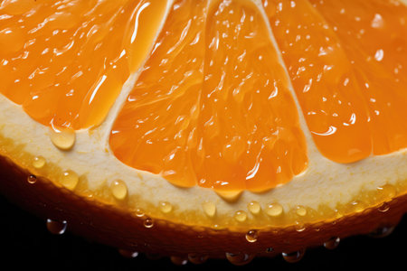 A vibrant orange slice glistening with water droplets, revealing its juiciness and freshness, The pitted texture of an orange's peel, AI Generatedの素材