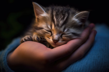 An adorable small kitten peacefully snoozing in a persons hands, enjoying a cozy nap, The kitten sleeps in my palm, AI Generatedの素材