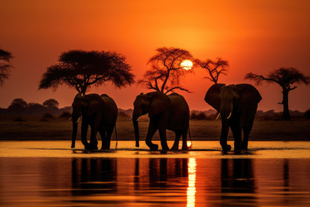 A group of elephants making their way across a water body, The silhouette of elephants at sunset in Chobe National Park, Botswana, Africa, creates a stunning scene, AI Generatedの素材