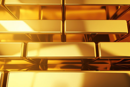 A stack of gold bars piled on top of each other, showcasing the beauty and value of this precious metal investment, The shiny and reflective texture of a golden bar, AI Generatedの素材