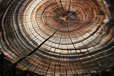 This close-up image captures the rings on a tree trunk, revealing the age and growth patterns of the tree, The rigid and hard texture of a wood log, AI Generatedの素材