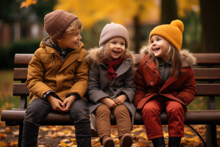 A photo capturing three children enjoying a serene moment on a park bench, Three children sit outdoors in the park in autumn, AI Generatedの素材