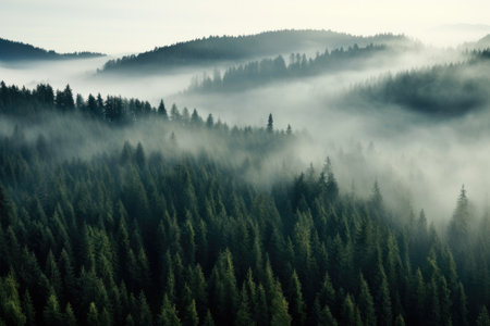 A captivating image of a foggy forest, with a plethora of trees obscured by a soft veil of mist, Thick fog covering a dense coniferous forest, seen from a bird's eye view, AI Generatedの素材