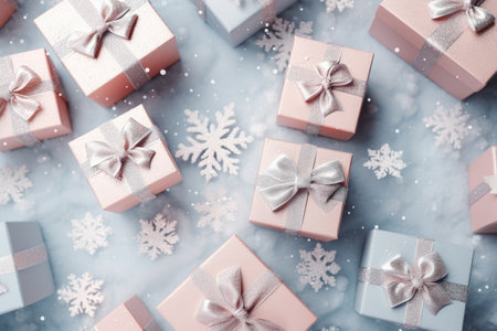 Group of Wrapped Presents on Table, Top view photo beautifully presented gift boxes tied with bows, fashionable tree decor, snowflakes on soft pastel backdrop, AI Generatedの素材