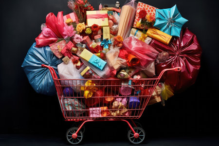 Shopping Cart Filled With Various Items, A Collection of Everyday Essentials, Top view of a shopping cart overflowing with vibrant wrapped gifts, AI Generatedの素材