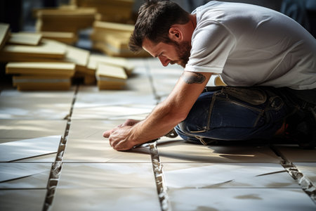 A man is seen sitting on the ground, diligently working on tiling the floor, Tile installer, a man laying floor tiles in a new home, AI Generatedの素材