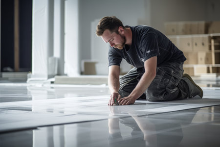 A man kneeling down on the floor of a building, focused on a task or activity, Tile installer, a man laying floor tiles in a new home, AI Generatedの素材