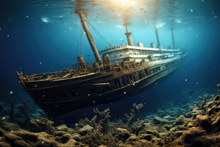 Giant Boat Sailing Smoothly on the Surface of the Water, Titanic shipwreck lying silently on the ocean floor, showcasing the immense scale of the fragmented structure, AI Generatedの素材