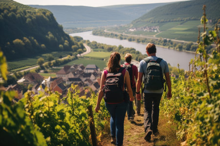 A couple of individuals leisurely walking down a grassy hillside, enjoying the pleasant weather and scenic view, Tourists hiking amidst vineyard with river in background, AI Generatedの素材