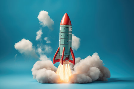 Witness the awe-inspiring sight of a red and white rocket as it takes off, marking an exhilarating moment of power and excitement, Toy rocket takes spewing smoke on a blue background, AI Generatedの素材