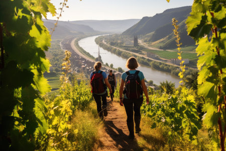 A couple of people enjoy their walk down a beautiful trail surrounded by nature, Tourists hiking amidst vineyard with river in background, AI Generatedの素材