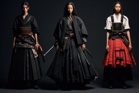 A diverse group of individuals standing closely together for a photo, showing unity and camaraderie, Traditional samurai attire deconstructed in a modern fashion, AI Generatedの素材