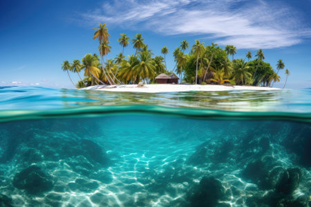 A serene and secluded small island nestled amidst the endless expanse of the ocean, Tropical island scene in the Maldives during the summer, Panorama, AI Generatedの素材